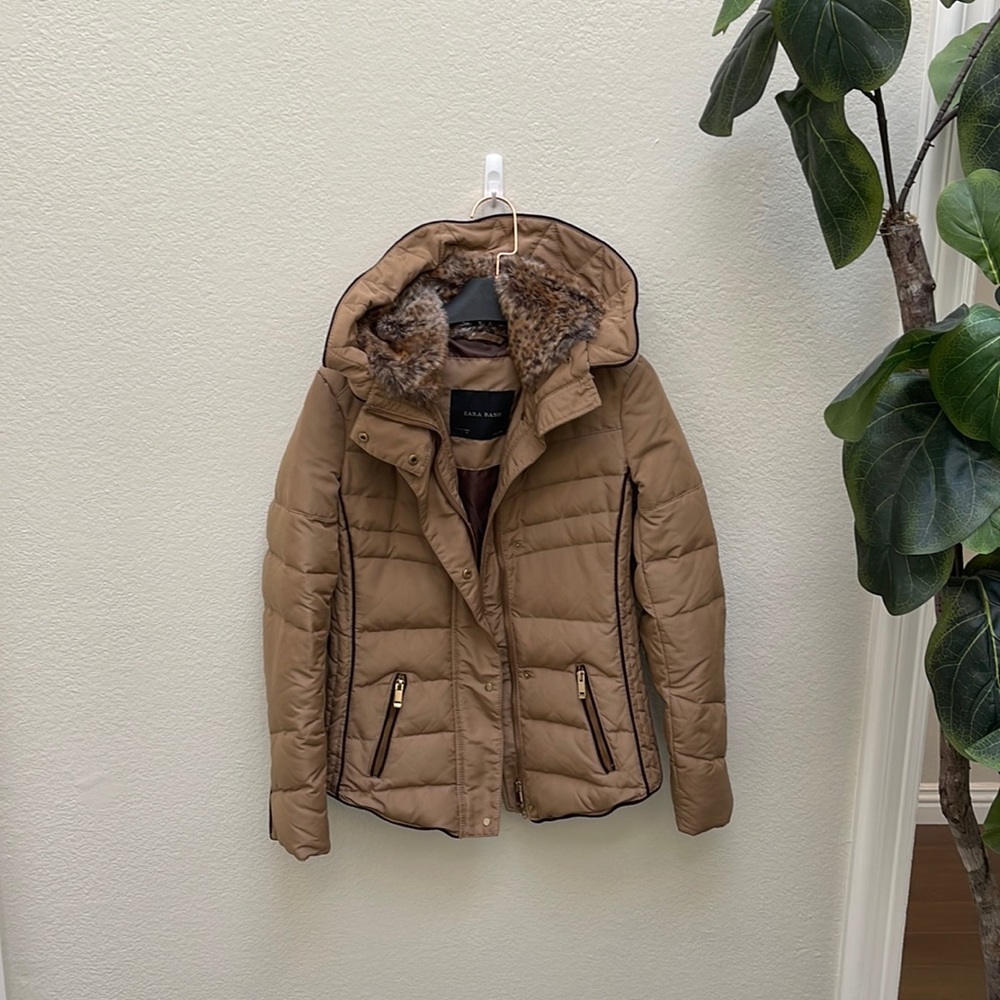 Zara puffer jacket with faux fur hood